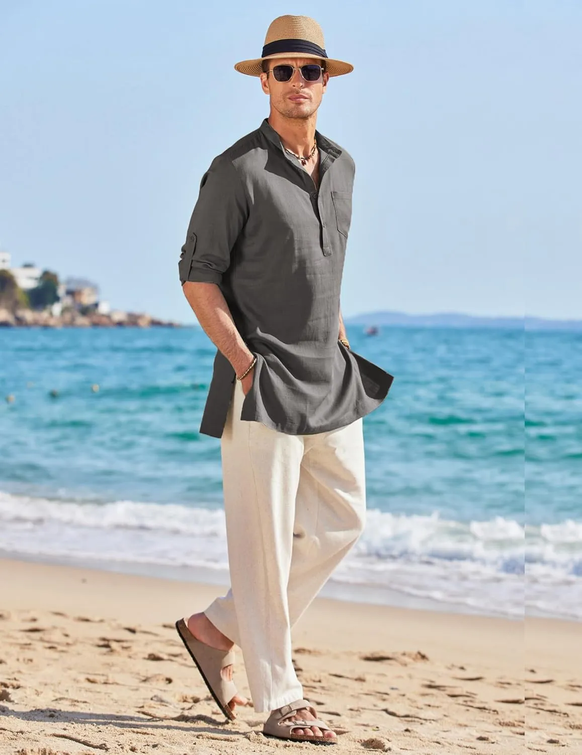 COOFANDY Men's Linen Henley Shirts Long Sleeve Collarless T-Shirts Longline Kurta Beach Shirts with Pocket