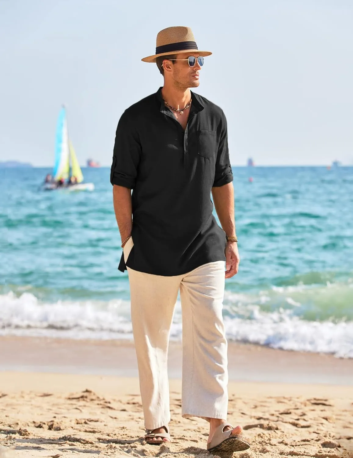 COOFANDY Men's Linen Henley Shirts Long Sleeve Collarless T-Shirts Longline Kurta Beach Shirts with Pocket