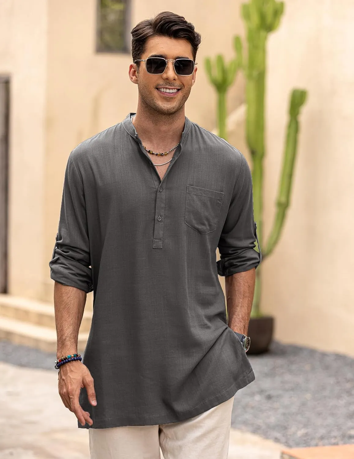 COOFANDY Men's Linen Henley Shirts Long Sleeve Collarless T-Shirts Longline Kurta Beach Shirts with Pocket