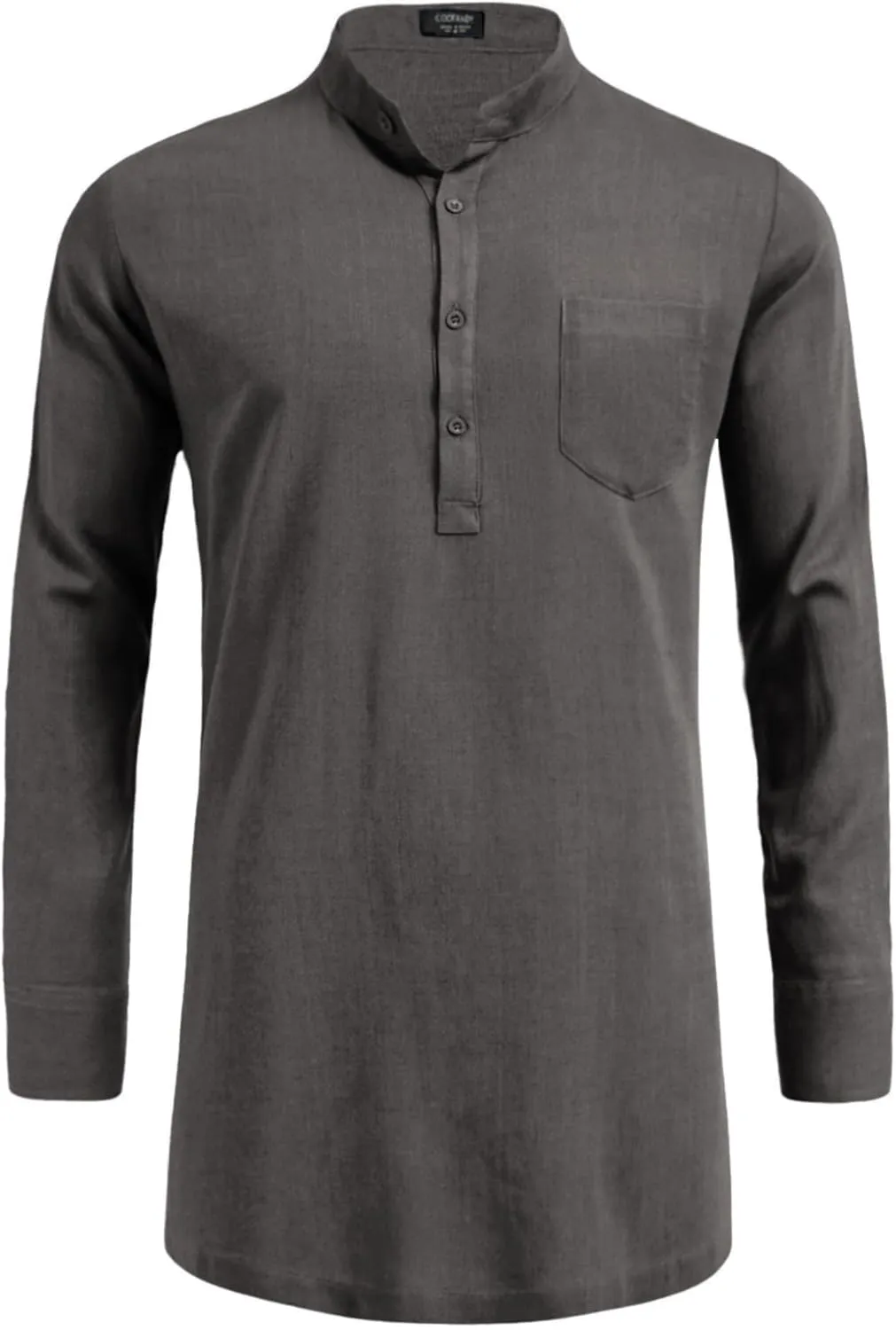 COOFANDY Men's Linen Henley Shirts Long Sleeve Collarless T-Shirts Longline Kurta Beach Shirts with Pocket