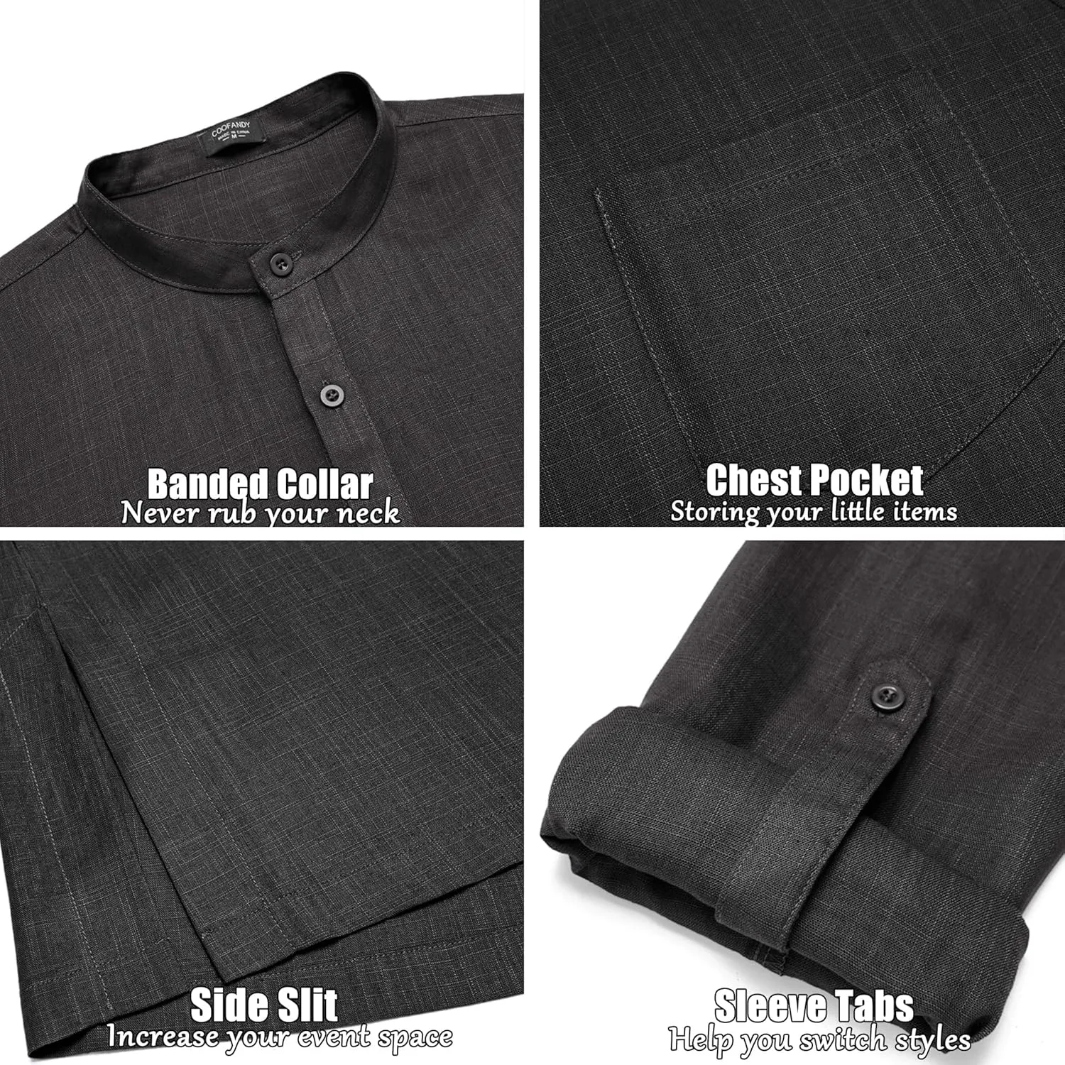 COOFANDY Men's Linen Henley Shirts Long Sleeve Collarless T-Shirts Longline Kurta Beach Shirts with Pocket