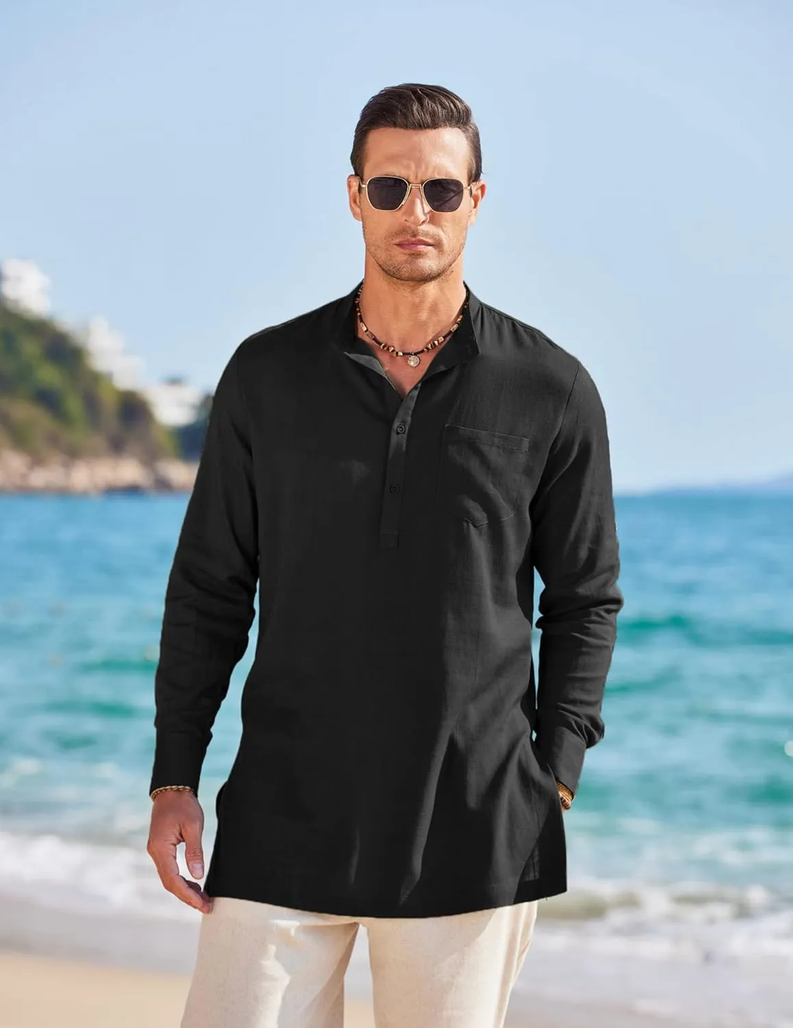 COOFANDY Men's Linen Henley Shirts Long Sleeve Collarless T-Shirts Longline Kurta Beach Shirts with Pocket