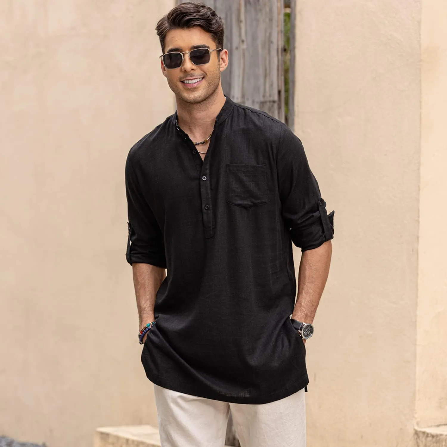 COOFANDY Men's Linen Henley Shirts Long Sleeve Collarless T-Shirts Longline Kurta Beach Shirts with Pocket