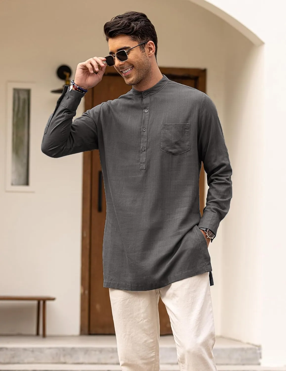 COOFANDY Men's Linen Henley Shirts Long Sleeve Collarless T-Shirts Longline Kurta Beach Shirts with Pocket