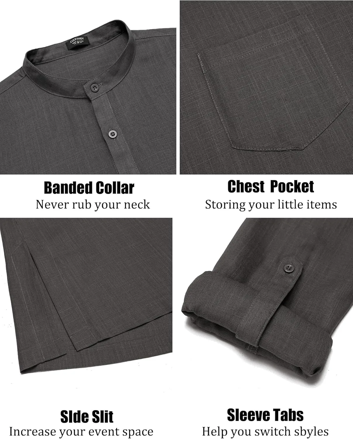 COOFANDY Men's Linen Henley Shirts Long Sleeve Collarless T-Shirts Longline Kurta Beach Shirts with Pocket
