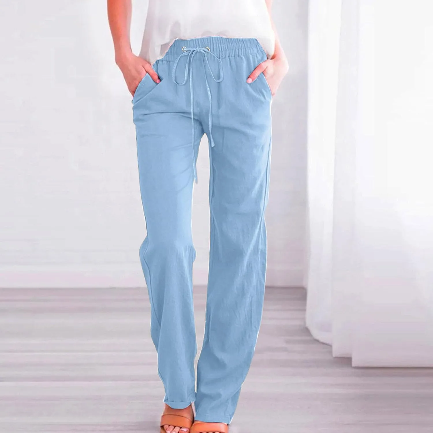Cotton Linen Pants for Women Elastic High Waisted Drawstring Straight Leg Trousers Casual Fitted Comfy 2025 Summer Pants