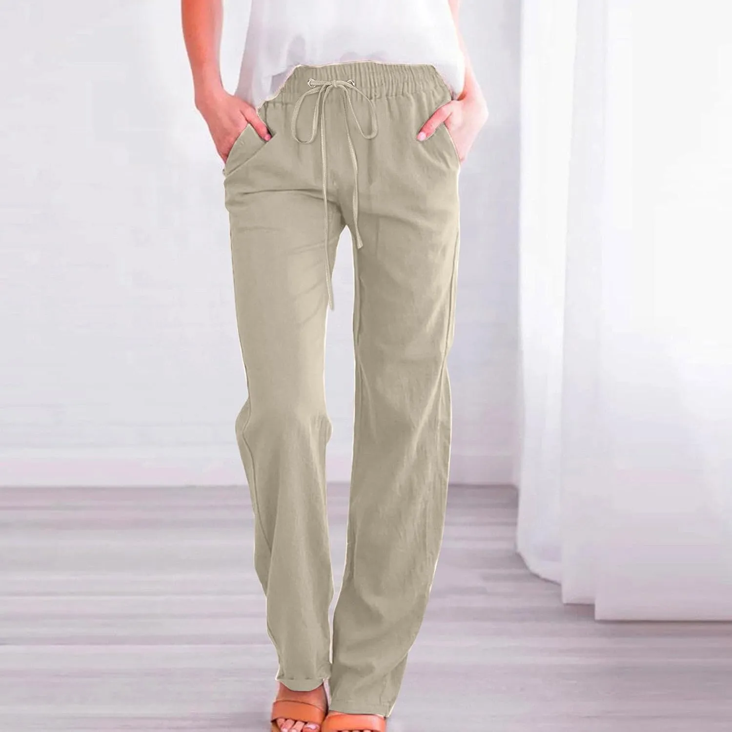Cotton Linen Pants for Women Elastic High Waisted Drawstring Straight Leg Trousers Casual Fitted Comfy 2025 Summer Pants