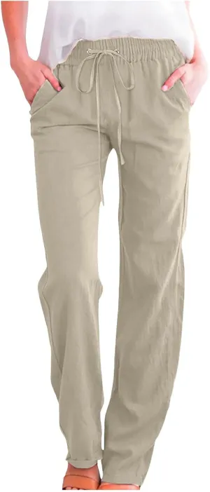 Cotton Linen Pants for Women Elastic High Waisted Drawstring Straight Leg Trousers Casual Fitted Comfy 2025 Summer Pants