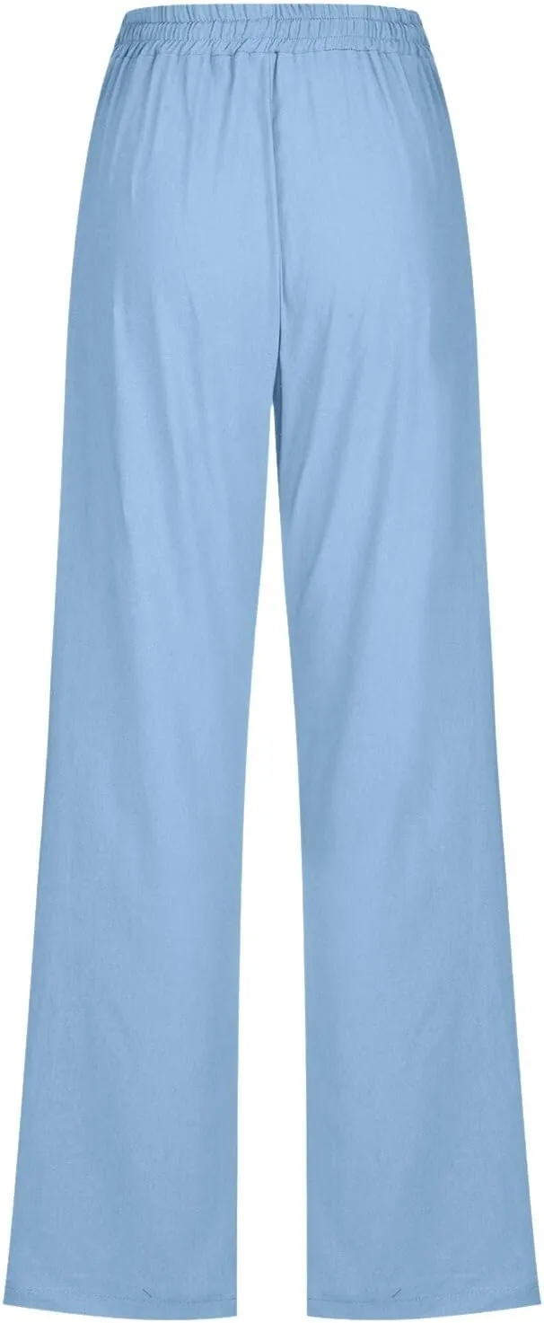 Cotton Linen Pants for Women Elastic High Waisted Drawstring Straight Leg Trousers Casual Fitted Comfy 2025 Summer Pants