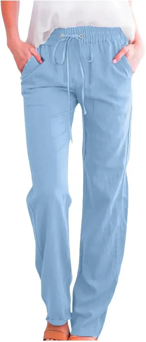 Cotton Linen Pants for Women Elastic High Waisted Drawstring Straight Leg Trousers Casual Fitted Comfy 2025 Summer Pants