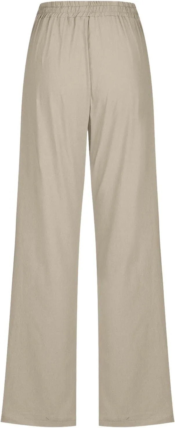 Cotton Linen Pants for Women Elastic High Waisted Drawstring Straight Leg Trousers Casual Fitted Comfy 2025 Summer Pants