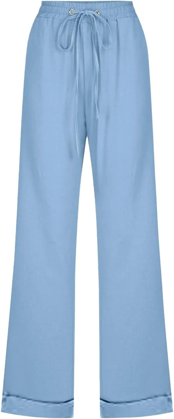 Cotton Linen Pants for Women Elastic High Waisted Drawstring Straight Leg Trousers Casual Fitted Comfy 2025 Summer Pants