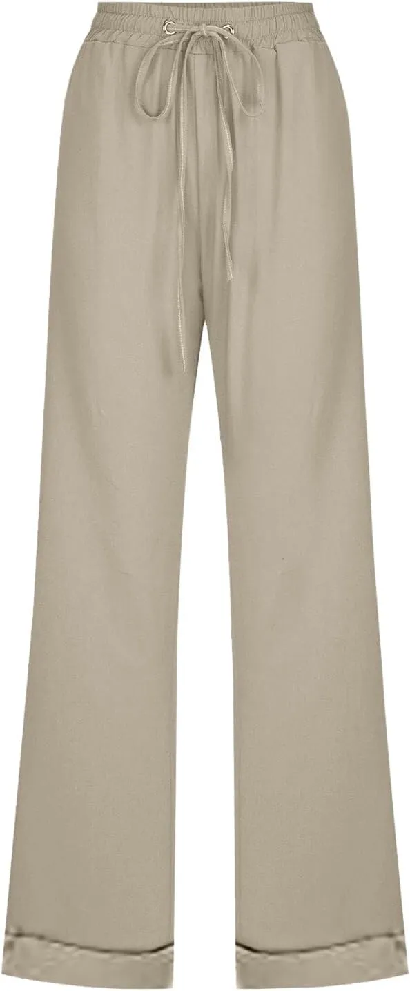 Cotton Linen Pants for Women Elastic High Waisted Drawstring Straight Leg Trousers Casual Fitted Comfy 2025 Summer Pants