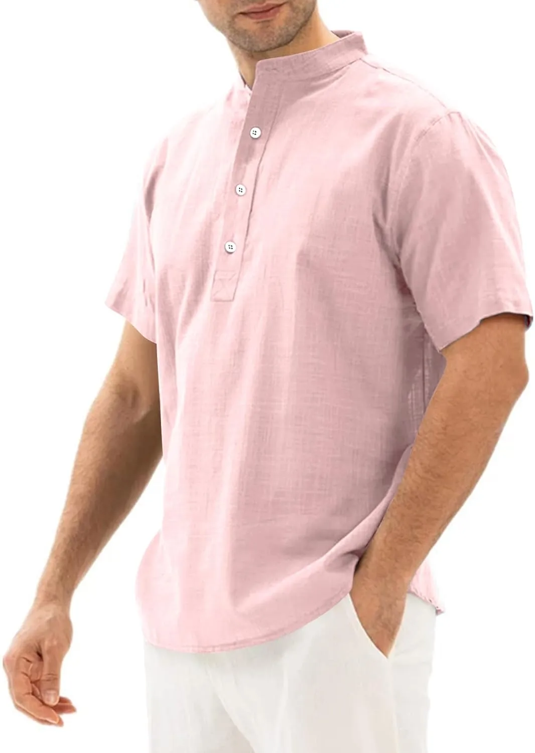 COZYPOIN Men’s Henley T-Shirts Cotton Linen Short Sleeve Button Down Casual Band Collar Summer Beach Hippie Tee Shirts