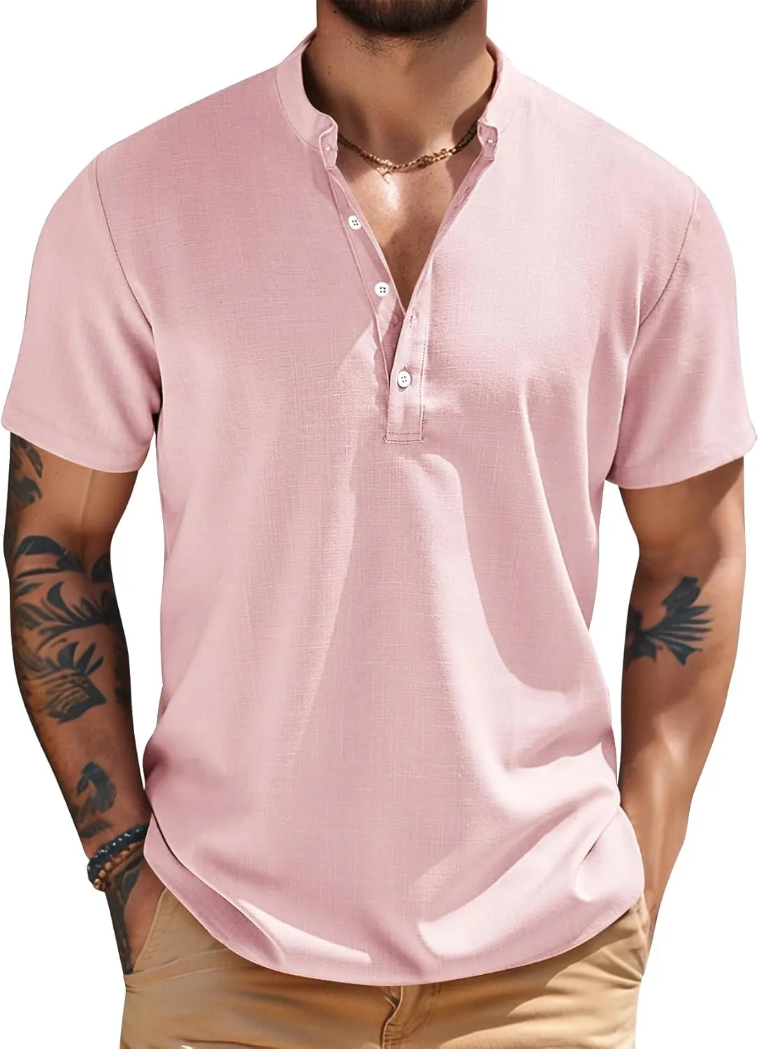 COZYPOIN Men’s Henley T-Shirts Cotton Linen Short Sleeve Button Down Casual Band Collar Summer Beach Hippie Tee Shirts