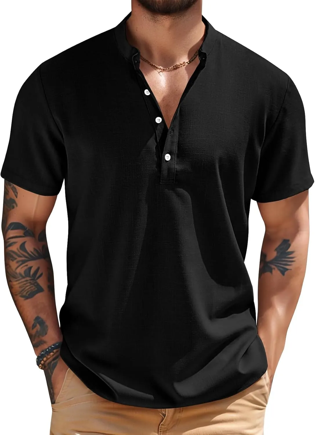 COZYPOIN Men’s Henley T-Shirts Cotton Linen Short Sleeve Button Down Casual Band Collar Summer Beach Hippie Tee Shirts