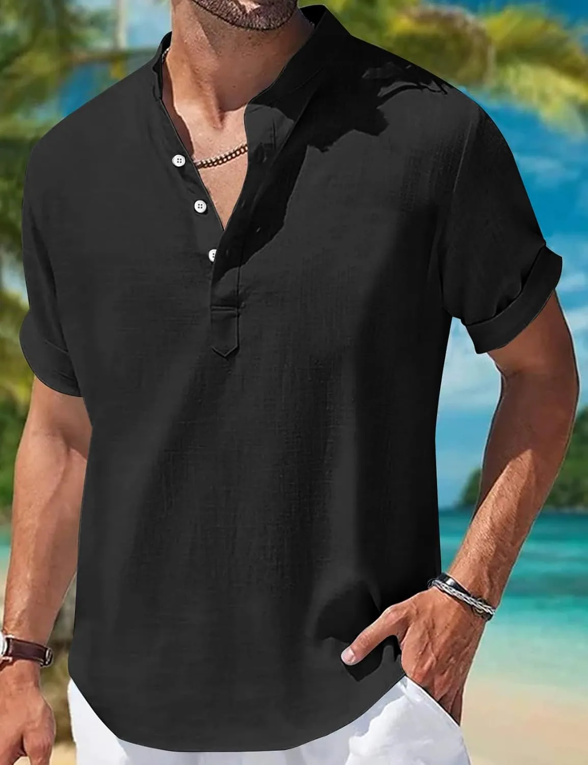 COZYPOIN Men’s Henley T-Shirts Cotton Linen Short Sleeve Button Down Casual Band Collar Summer Beach Hippie Tee Shirts