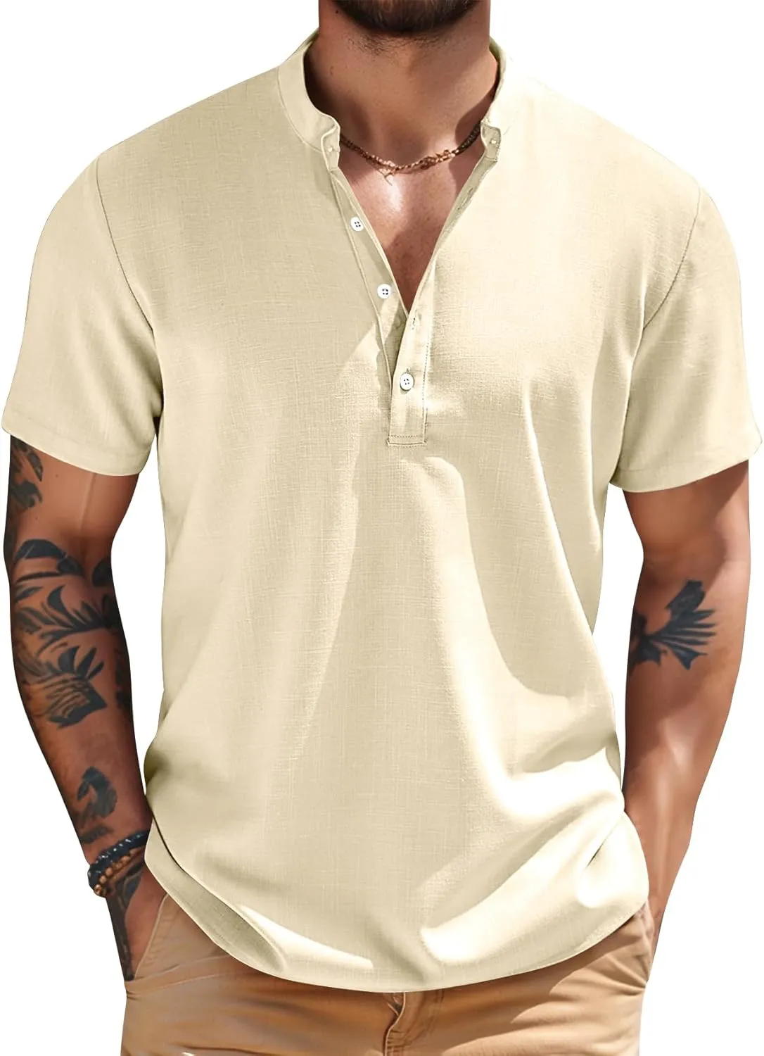 COZYPOIN Men’s Henley T-Shirts Cotton Linen Short Sleeve Button Down Casual Band Collar Summer Beach Hippie Tee Shirts