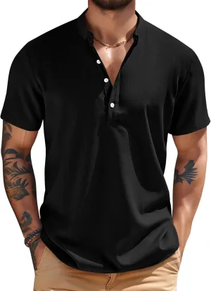 COZYPOIN Men’s Henley T-Shirts Cotton Linen Short Sleeve Button Down Casual Band Collar Summer Beach Hippie Tee Shirts