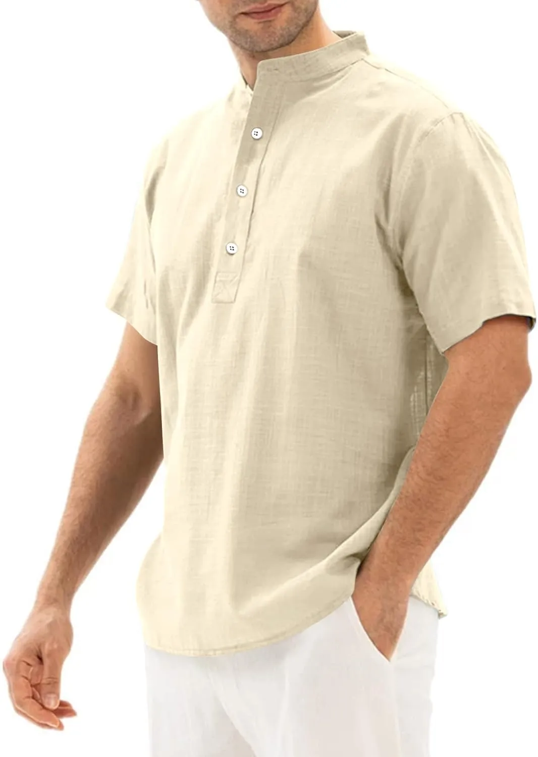 COZYPOIN Men’s Henley T-Shirts Cotton Linen Short Sleeve Button Down Casual Band Collar Summer Beach Hippie Tee Shirts