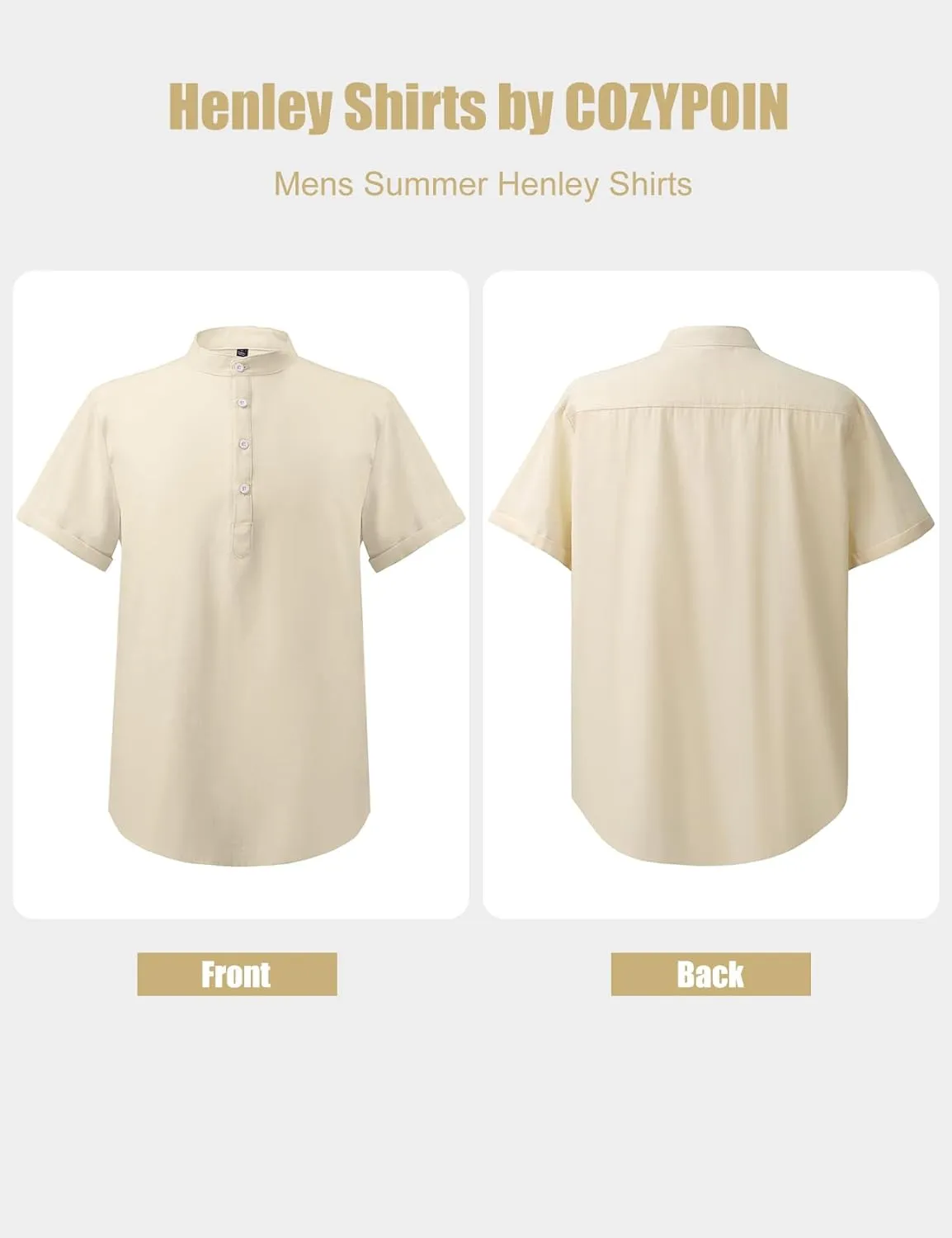 COZYPOIN Men’s Henley T-Shirts Cotton Linen Short Sleeve Button Down Casual Band Collar Summer Beach Hippie Tee Shirts