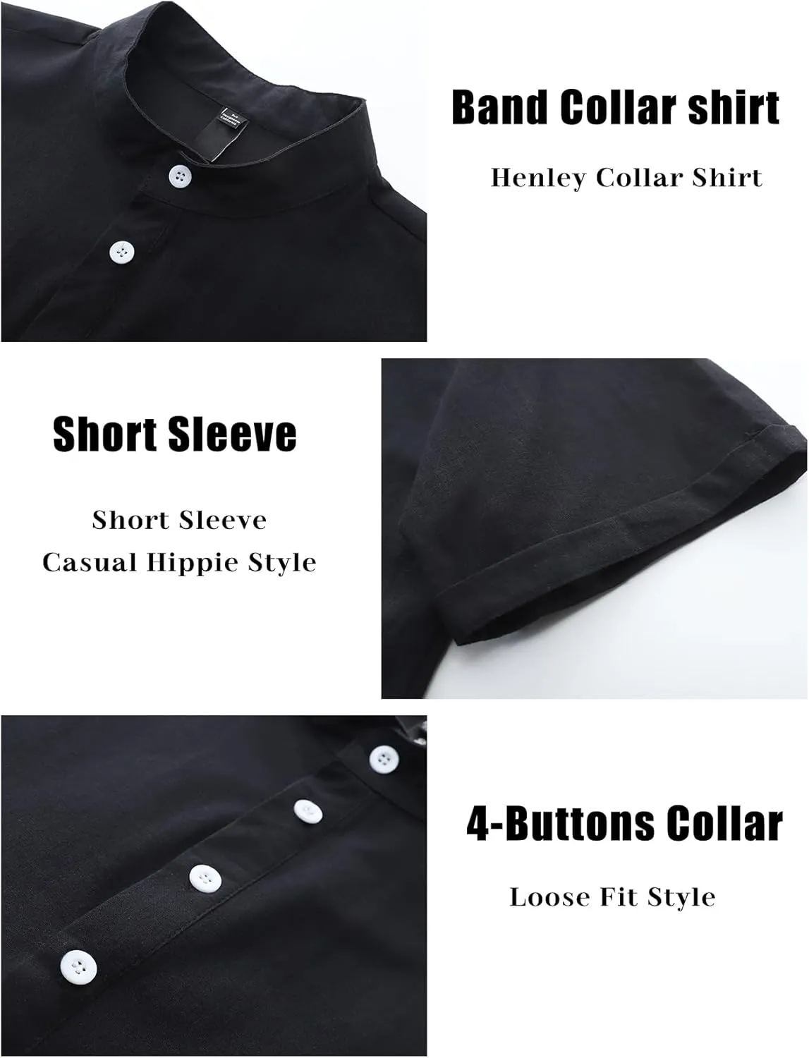 COZYPOIN Men’s Henley T-Shirts Cotton Linen Short Sleeve Button Down Casual Band Collar Summer Beach Hippie Tee Shirts