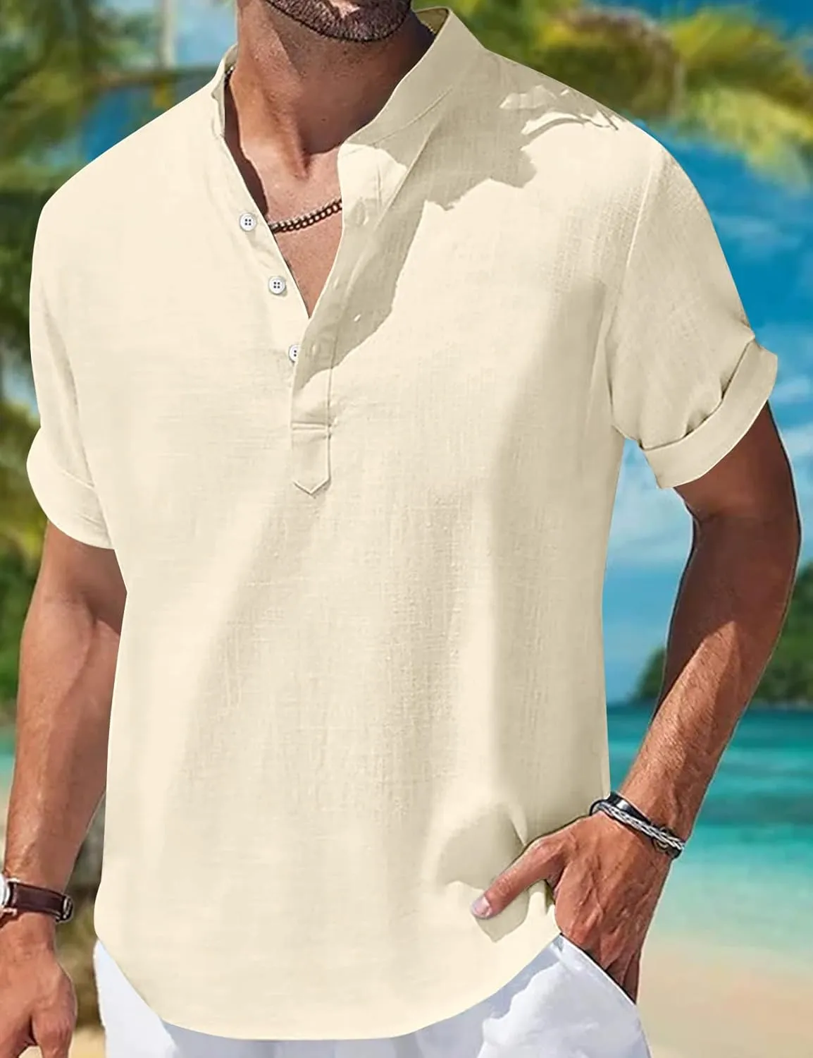 COZYPOIN Men’s Henley T-Shirts Cotton Linen Short Sleeve Button Down Casual Band Collar Summer Beach Hippie Tee Shirts