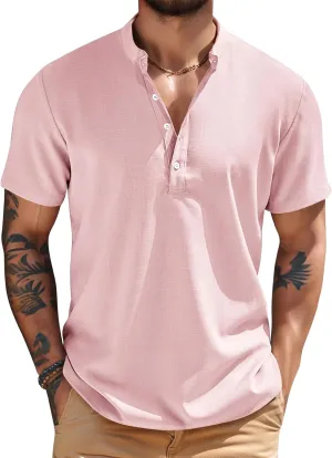 COZYPOIN Men’s Henley T-Shirts Cotton Linen Short Sleeve Button Down Casual Band Collar Summer Beach Hippie Tee Shirts
