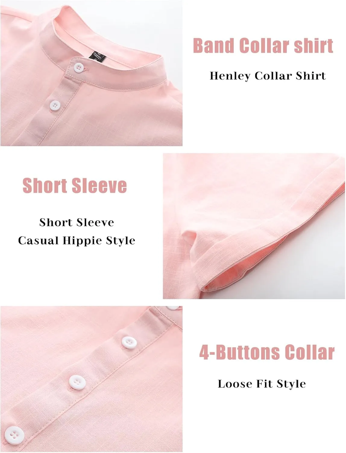 COZYPOIN Men’s Henley T-Shirts Cotton Linen Short Sleeve Button Down Casual Band Collar Summer Beach Hippie Tee Shirts
