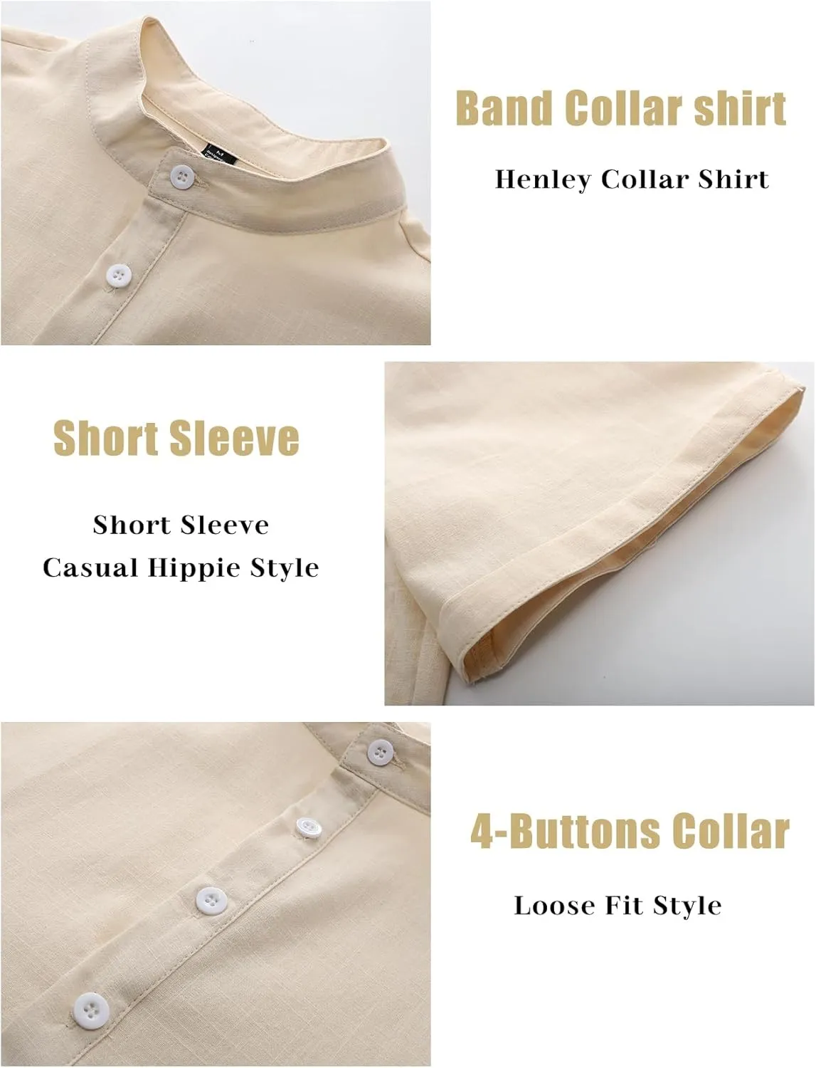 COZYPOIN Men’s Henley T-Shirts Cotton Linen Short Sleeve Button Down Casual Band Collar Summer Beach Hippie Tee Shirts