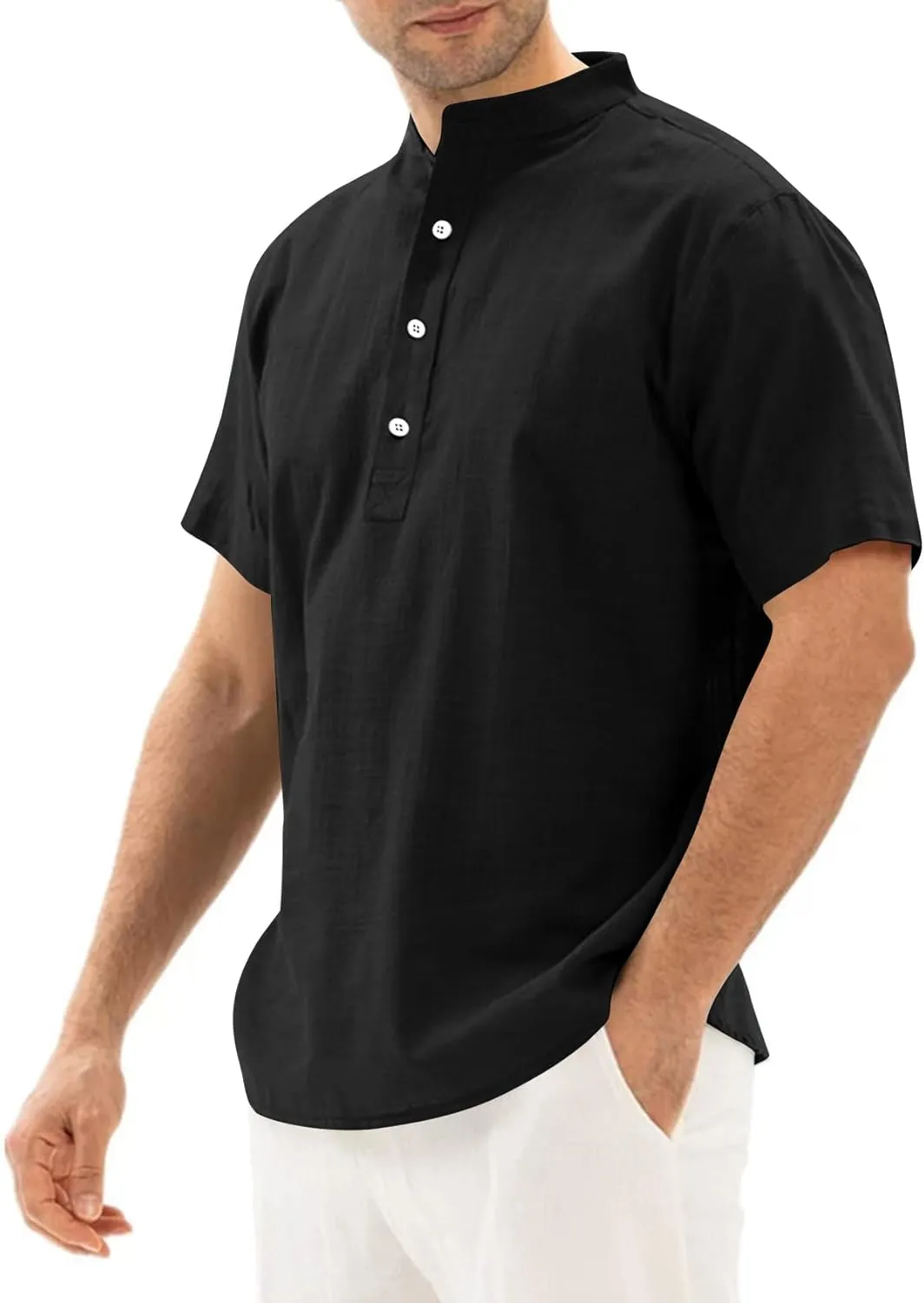 COZYPOIN Men’s Henley T-Shirts Cotton Linen Short Sleeve Button Down Casual Band Collar Summer Beach Hippie Tee Shirts