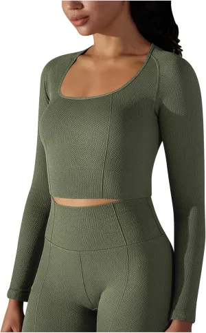 Crop Tops for Women Built in Bra Workout Quick Dry Square Neck Yoga Shirts Fitness Layer Long Sleeve Shirts Shapewear