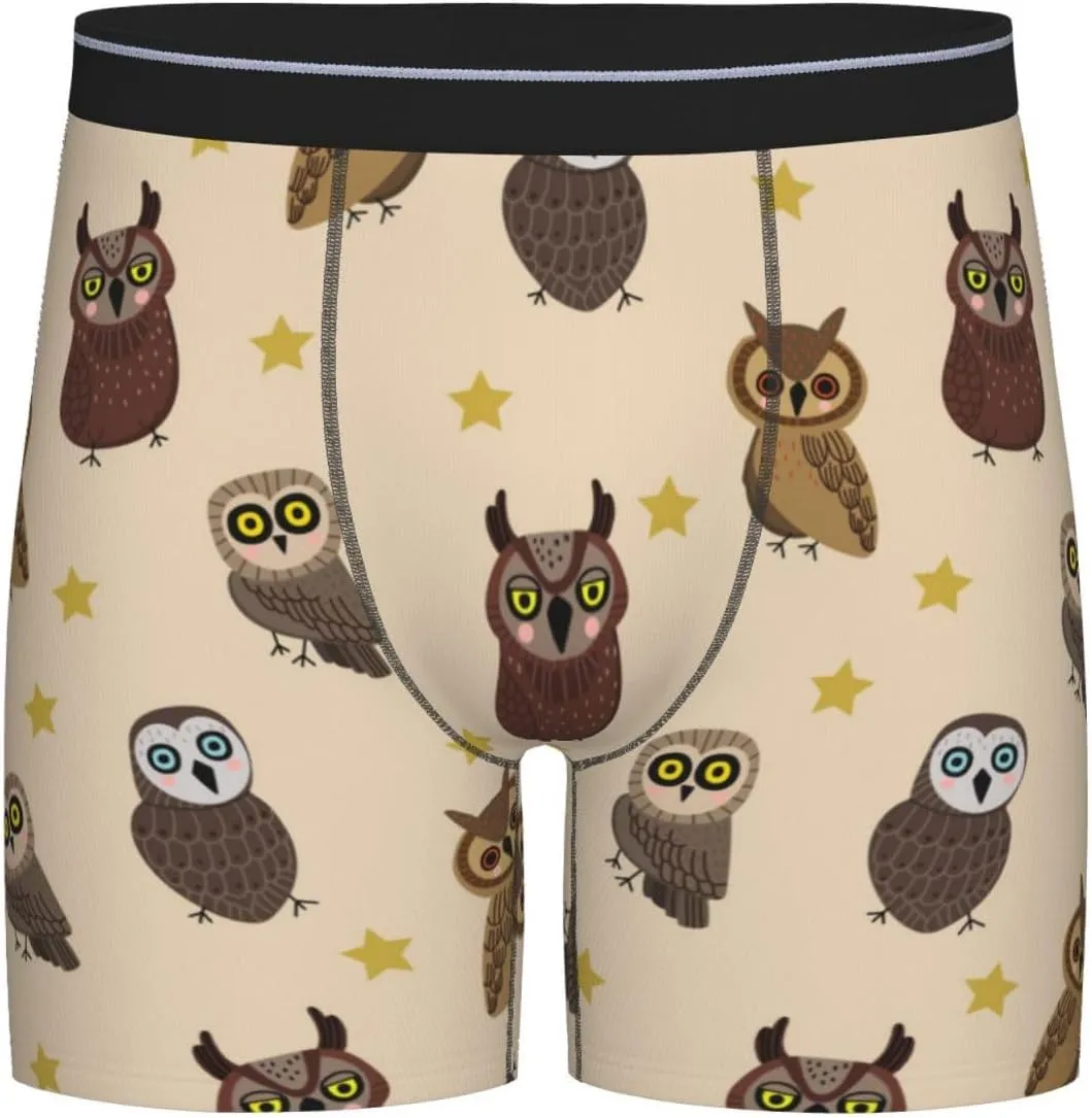 Cute Star Owl Mens Extended Underwear Length Boxer Briefs Comfort Breathable Underwear For Men