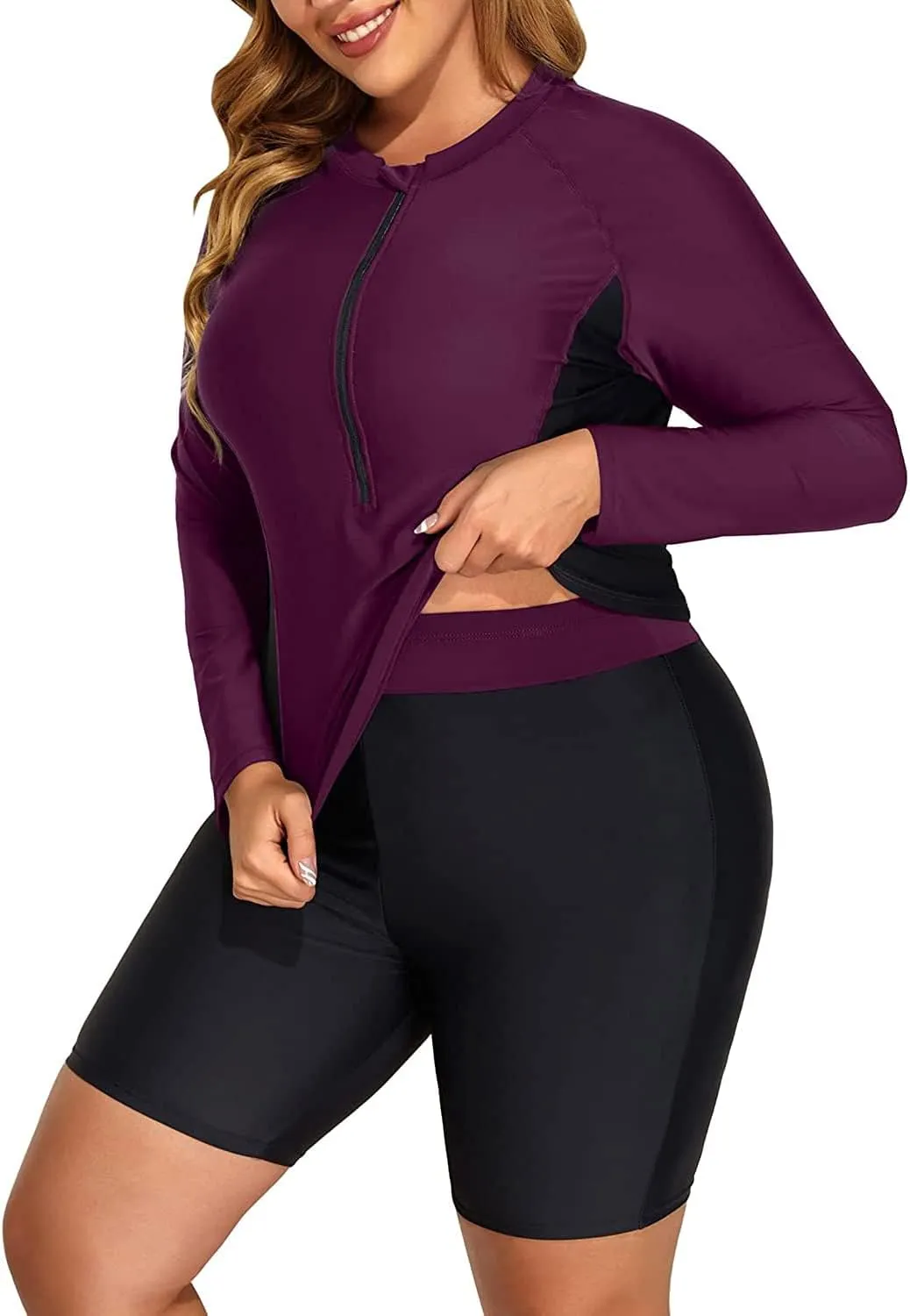 Daci Plus Size Rash Guard for Women - Long Sleeve Swimsuits 2 Piece Bathing Suit Built in Bra Swim Shirt with Shorts