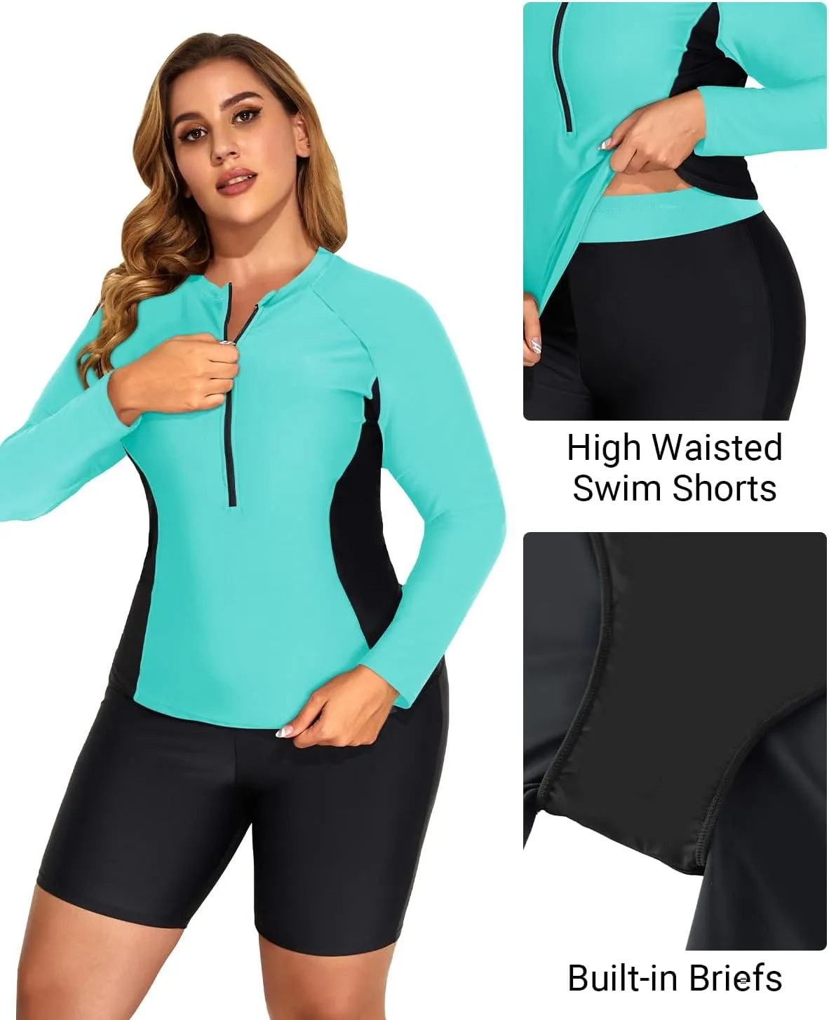Daci Plus Size Rash Guard for Women - Long Sleeve Swimsuits 2 Piece Bathing Suit Built in Bra Swim Shirt with Shorts