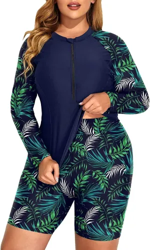 Daci Plus Size Rash Guard for Women - Long Sleeve Swimsuits 2 Piece Bathing Suit Built in Bra Swim Shirt with Shorts