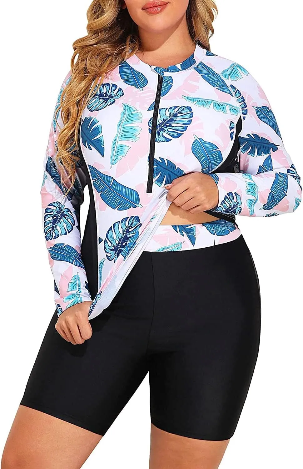 Daci Plus Size Rash Guard for Women - Long Sleeve Swimsuits 2 Piece Bathing Suit Built in Bra Swim Shirt with Shorts