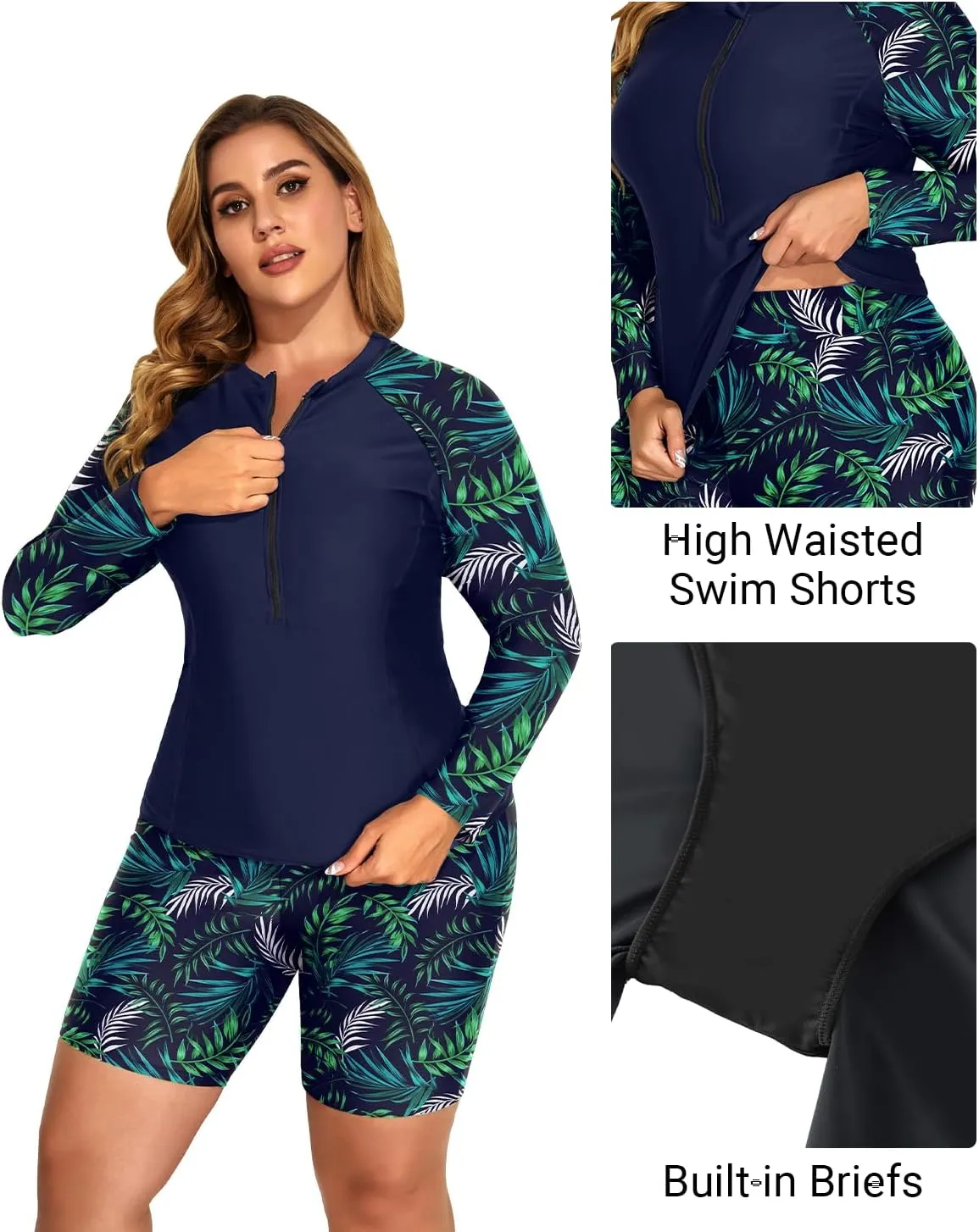 Daci Plus Size Rash Guard for Women - Long Sleeve Swimsuits 2 Piece Bathing Suit Built in Bra Swim Shirt with Shorts