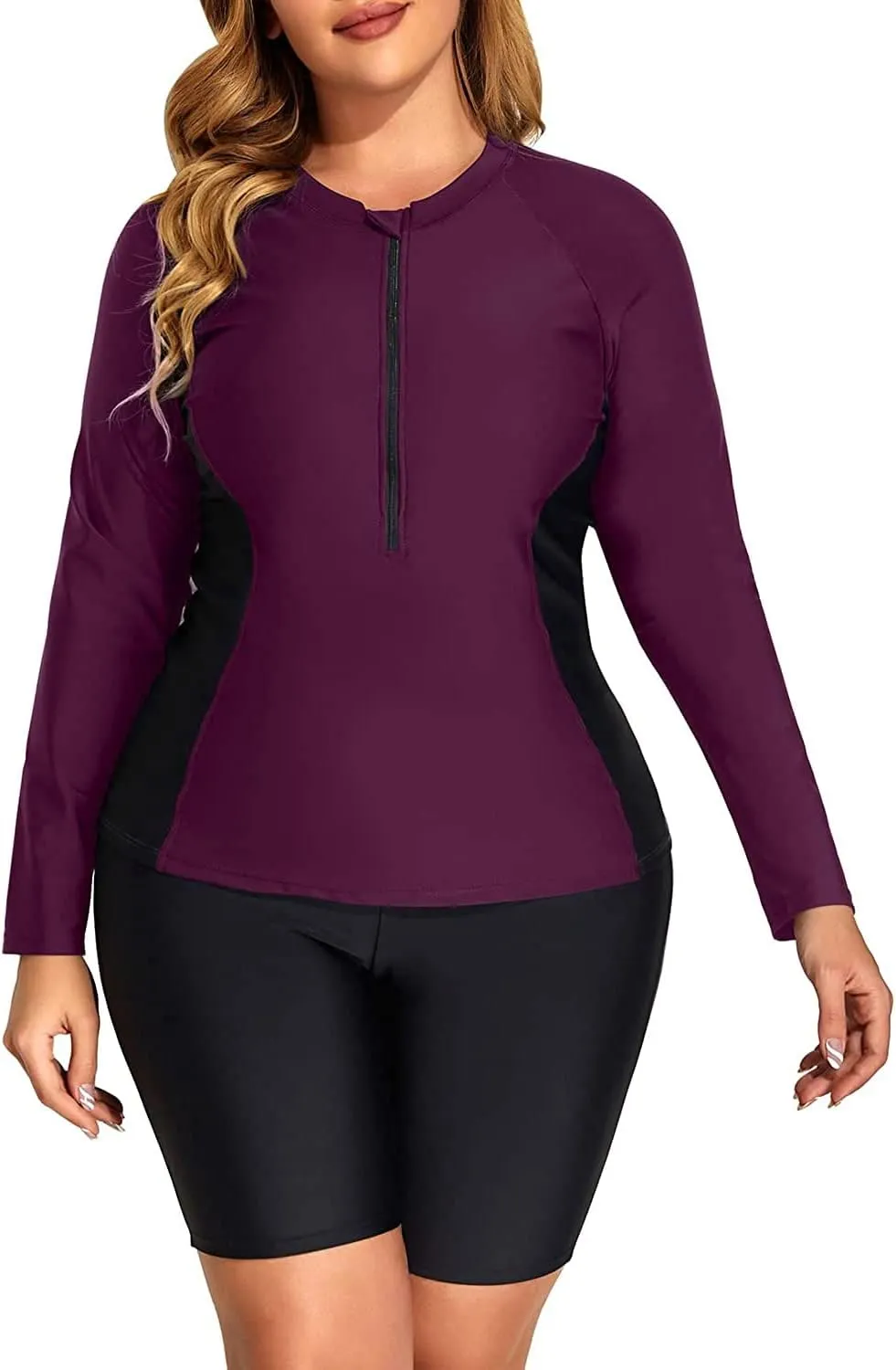 Daci Plus Size Rash Guard for Women - Long Sleeve Swimsuits 2 Piece Bathing Suit Built in Bra Swim Shirt with Shorts