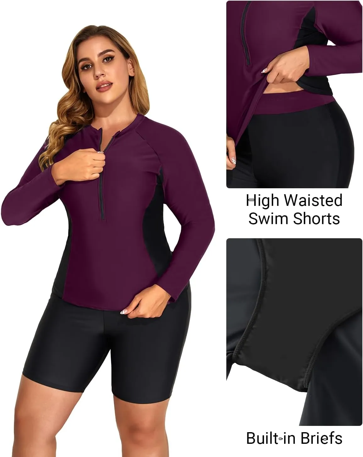 Daci Plus Size Rash Guard for Women - Long Sleeve Swimsuits 2 Piece Bathing Suit Built in Bra Swim Shirt with Shorts
