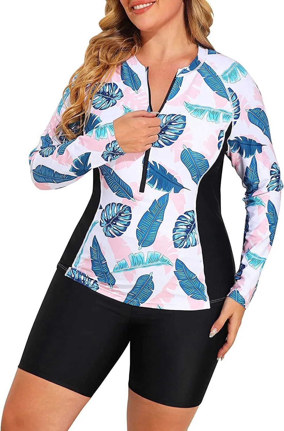 Daci Plus Size Rash Guard for Women - Long Sleeve Swimsuits 2 Piece Bathing Suit Built in Bra Swim Shirt with Shorts