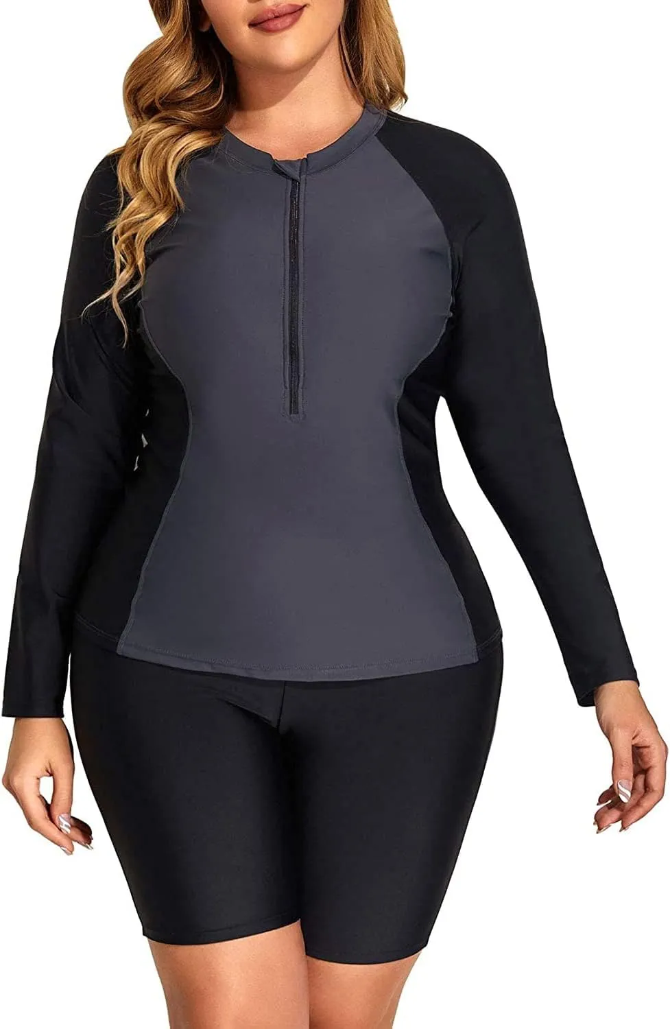 Daci Plus Size Rash Guard for Women - Long Sleeve Swimsuits 2 Piece Bathing Suit Built in Bra Swim Shirt with Shorts