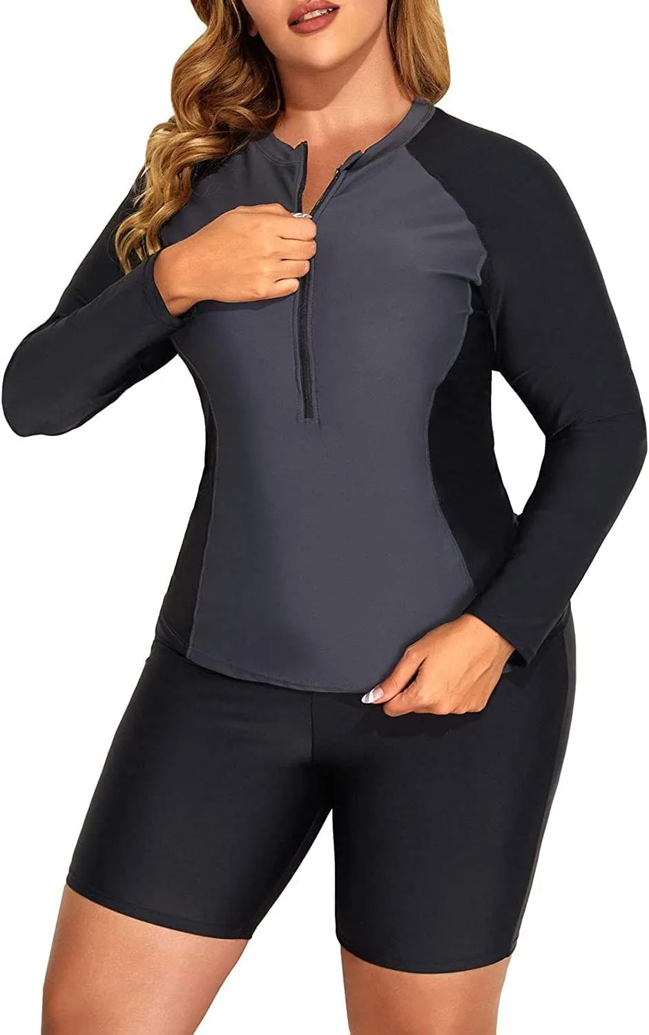 Daci Plus Size Rash Guard for Women - Long Sleeve Swimsuits 2 Piece Bathing Suit Built in Bra Swim Shirt with Shorts