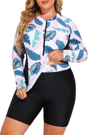 Daci Plus Size Rash Guard for Women - Long Sleeve Swimsuits 2 Piece Bathing Suit Built in Bra Swim Shirt with Shorts