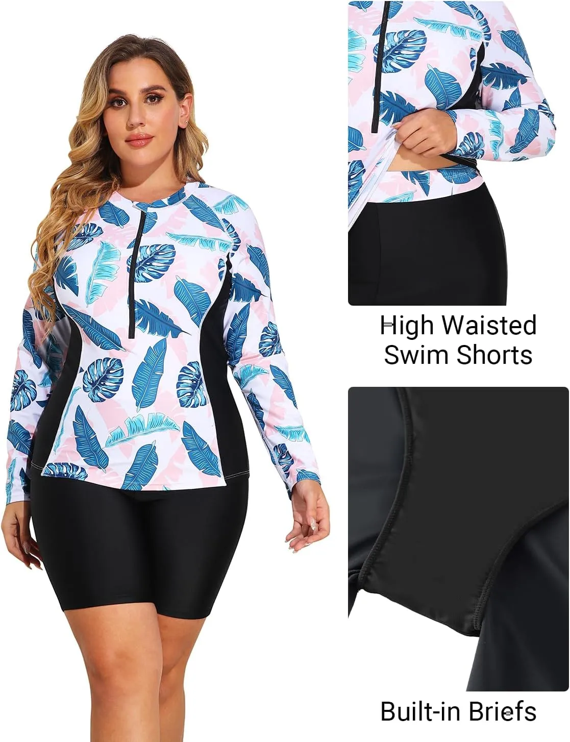 Daci Plus Size Rash Guard for Women - Long Sleeve Swimsuits 2 Piece Bathing Suit Built in Bra Swim Shirt with Shorts