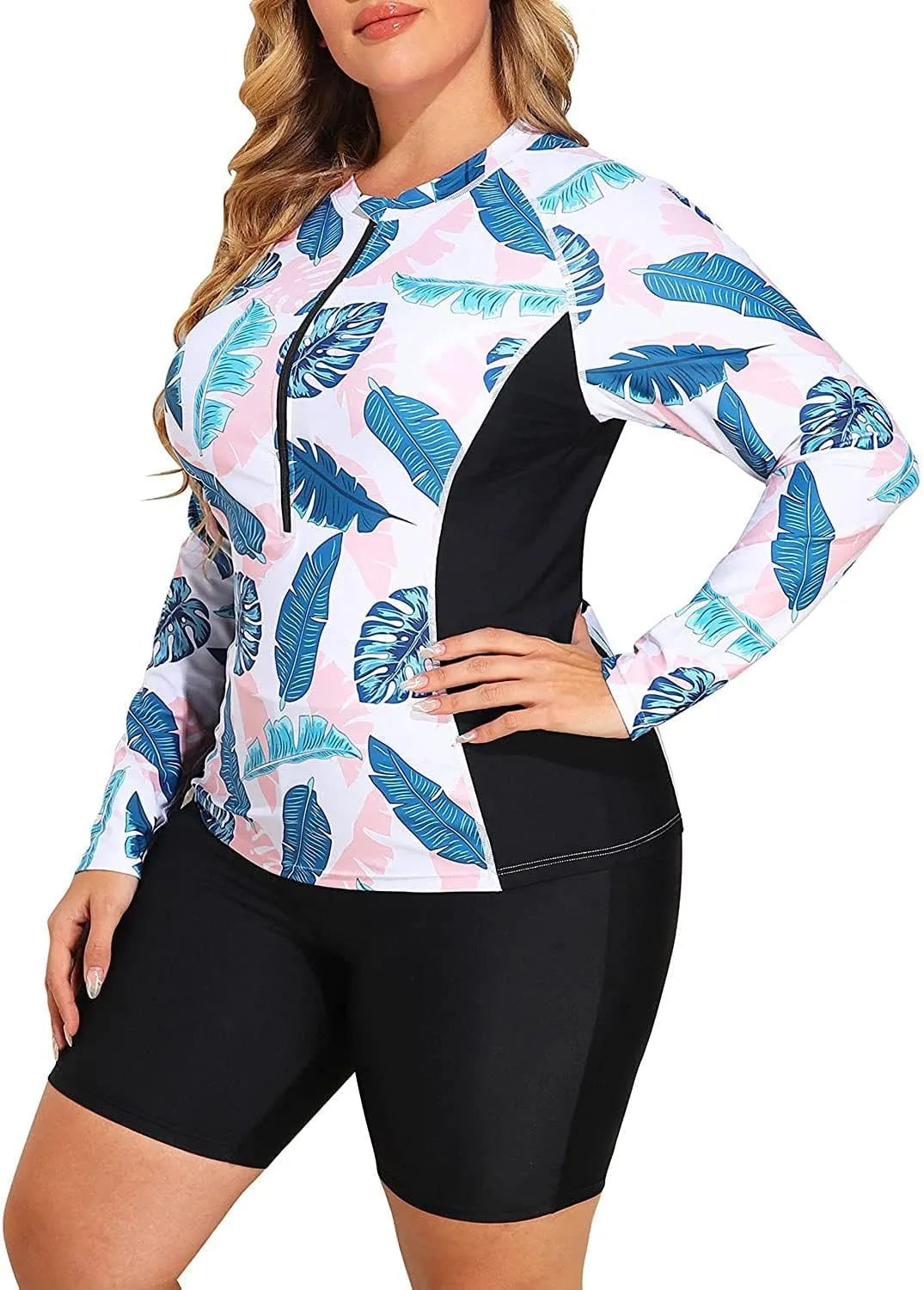 Daci Plus Size Rash Guard for Women - Long Sleeve Swimsuits 2 Piece Bathing Suit Built in Bra Swim Shirt with Shorts