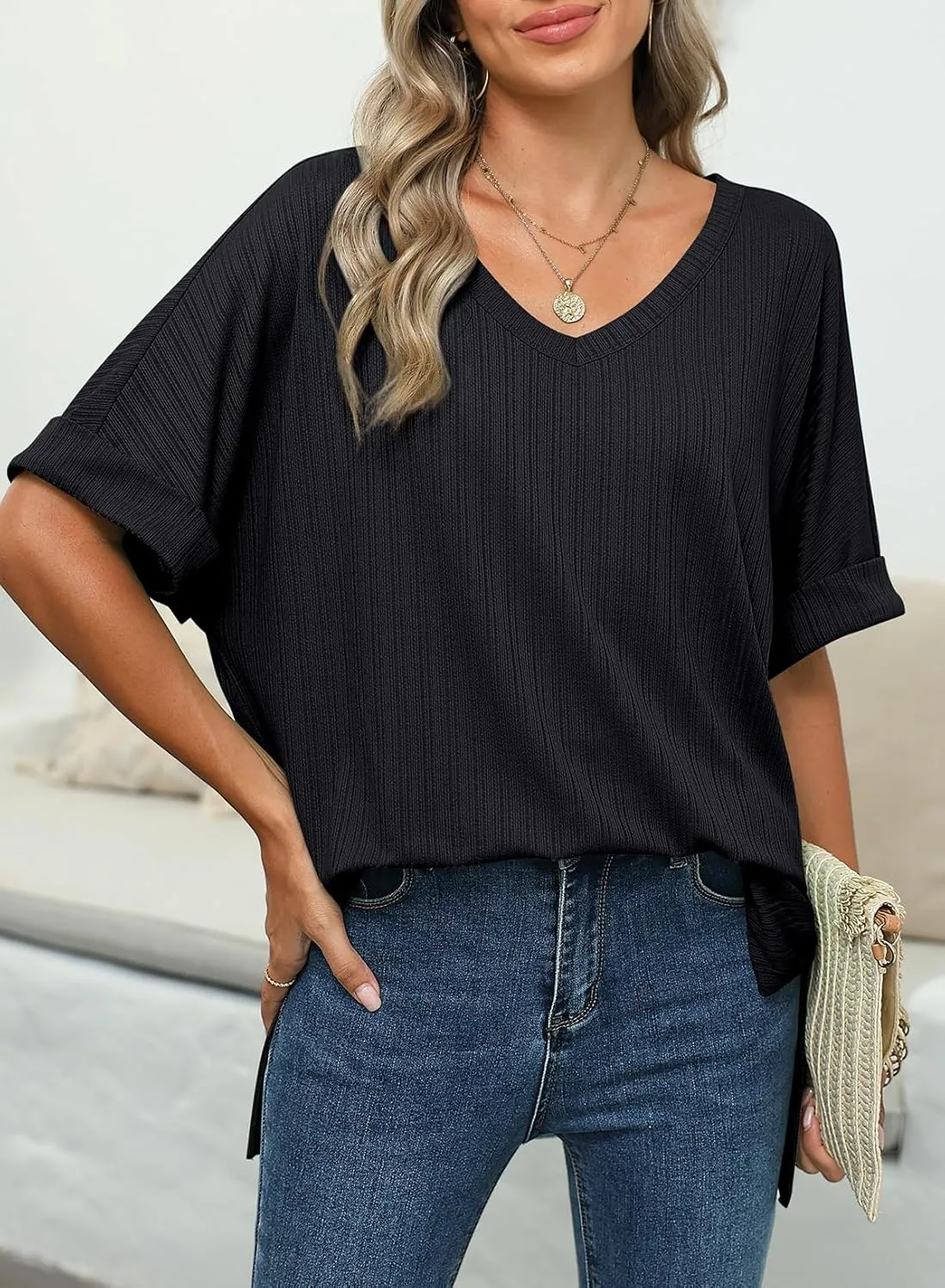 Dokotoo Summer Shirts 2024 Womens Solid T Shirts for Women Loose Oversized Shirts Basic Tee