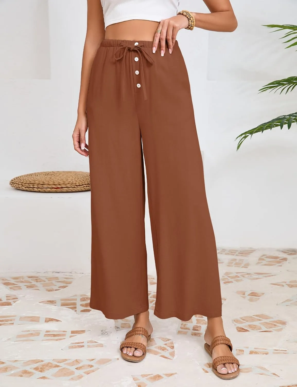 Fiona Jolin Womens Cotton Linen Pants Summer Casual Beach Pants Drawstring Flowy Wide Leg Palazzo Trousers with Pockets
