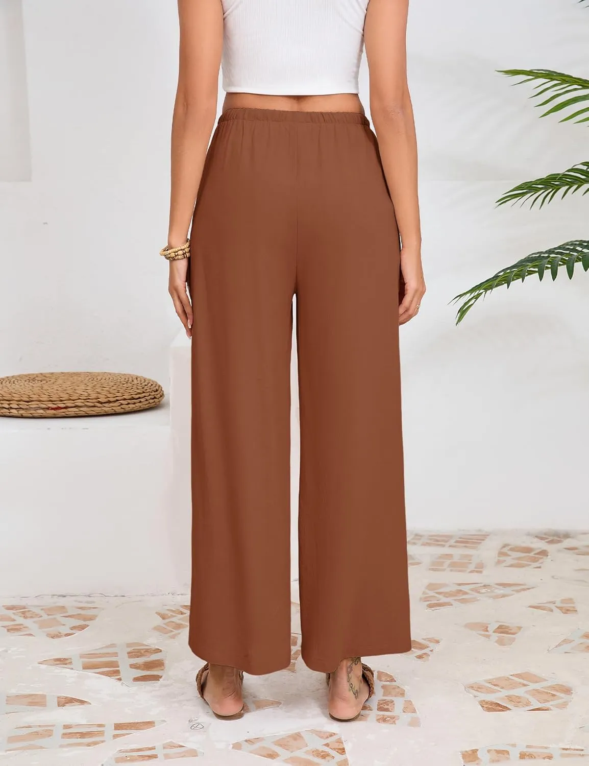 Fiona Jolin Womens Cotton Linen Pants Summer Casual Beach Pants Drawstring Flowy Wide Leg Palazzo Trousers with Pockets