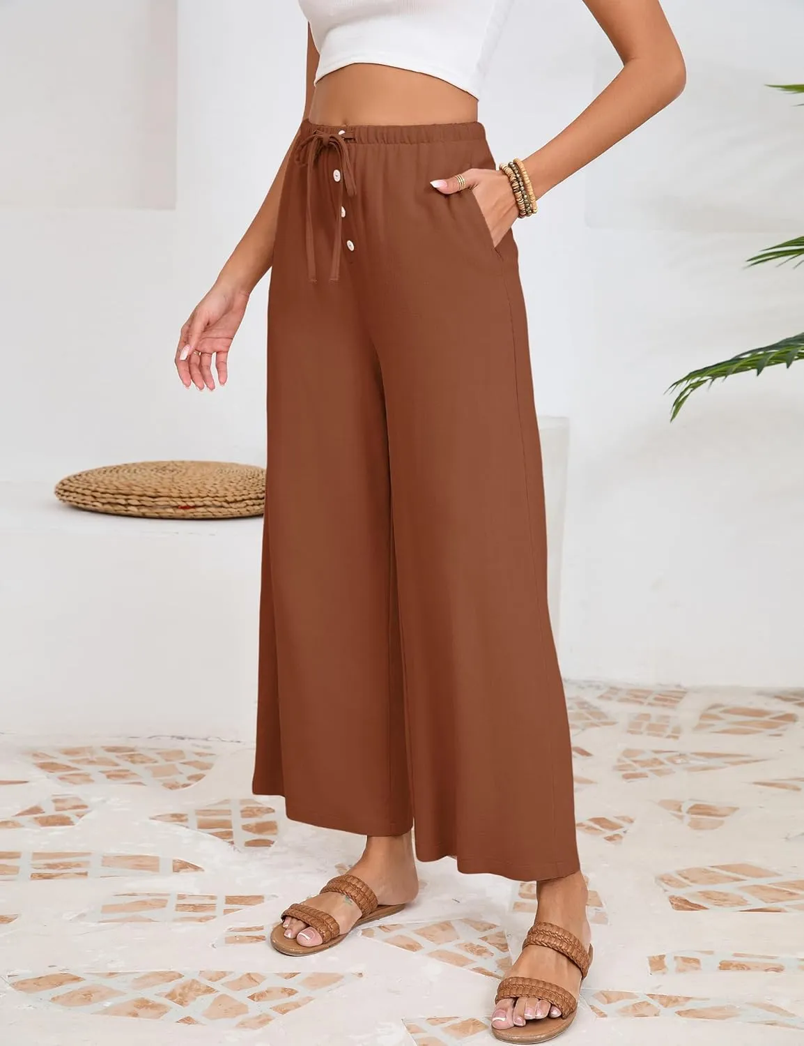 Fiona Jolin Womens Cotton Linen Pants Summer Casual Beach Pants Drawstring Flowy Wide Leg Palazzo Trousers with Pockets